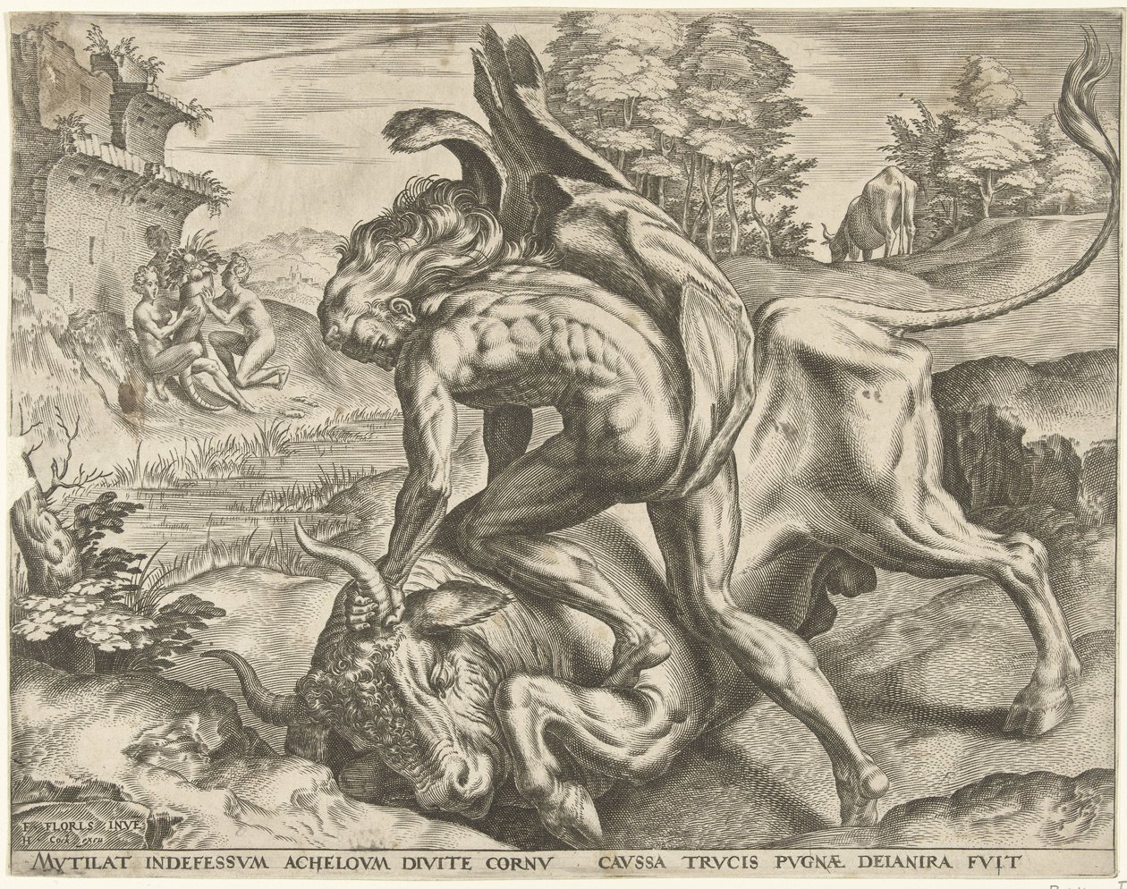 Hercules painii Acheloüsin kanssa Labors of Hercules (sarjan nimi) tekijältä Cornelis Cort