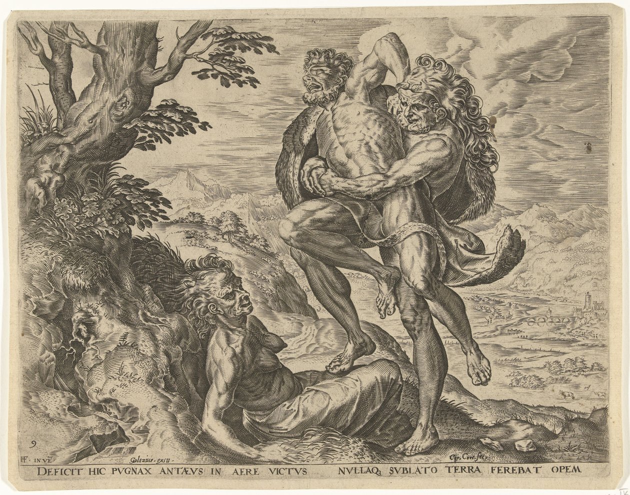 Hercules painii Antaeuksen kanssa Labors of Hercules (sarjan nimi) tekijältä Cornelis Cort