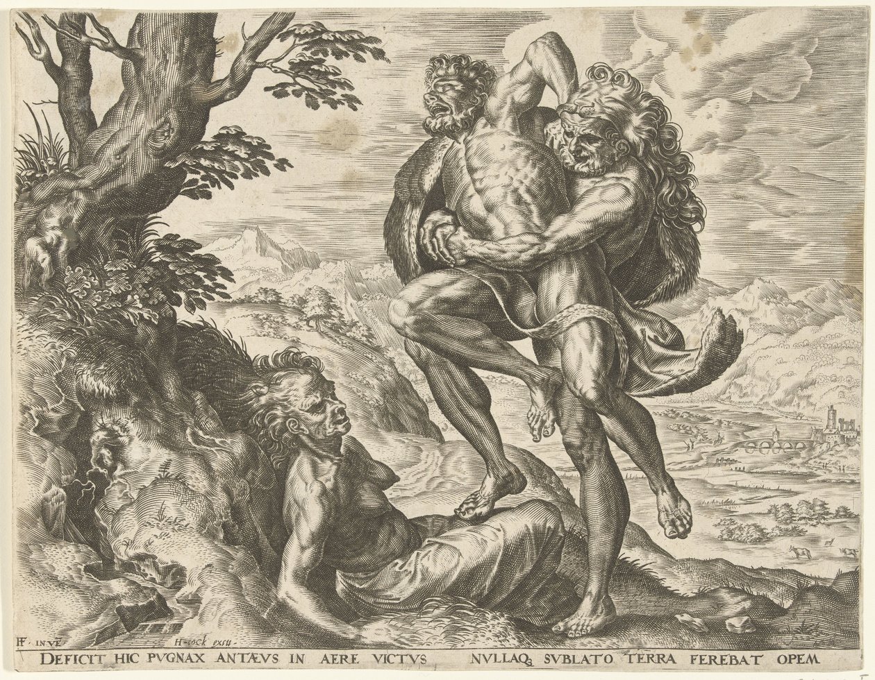 Hercules painii Antaeuksen kanssa Labors of Hercules (sarjan nimi) tekijältä Cornelis Cort