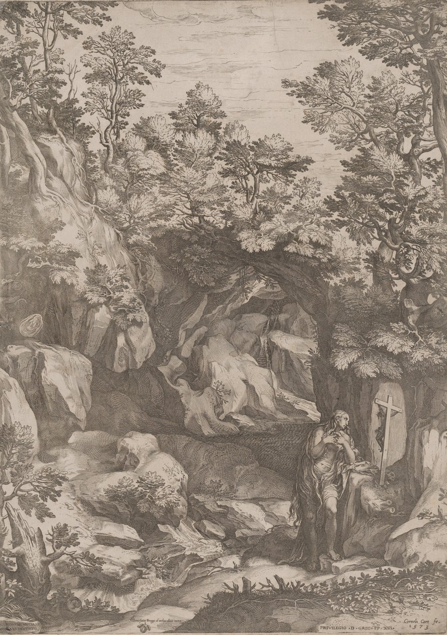 Maria Magdaleena katuva erämaassa, 1573. tekijältä Cornelis Cort