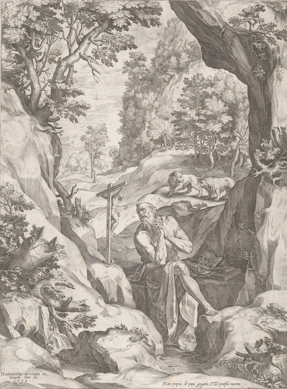 Pyhä Hieronymus katuva erämaassa, 1573. tekijältä Cornelis Cort