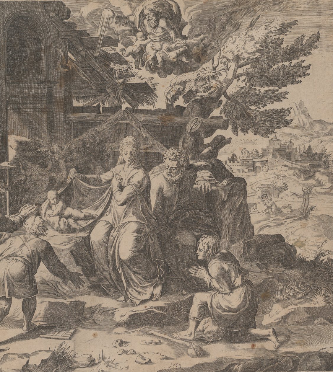 Paimenten palvonta, 1569. tekijältä Cornelis Cort