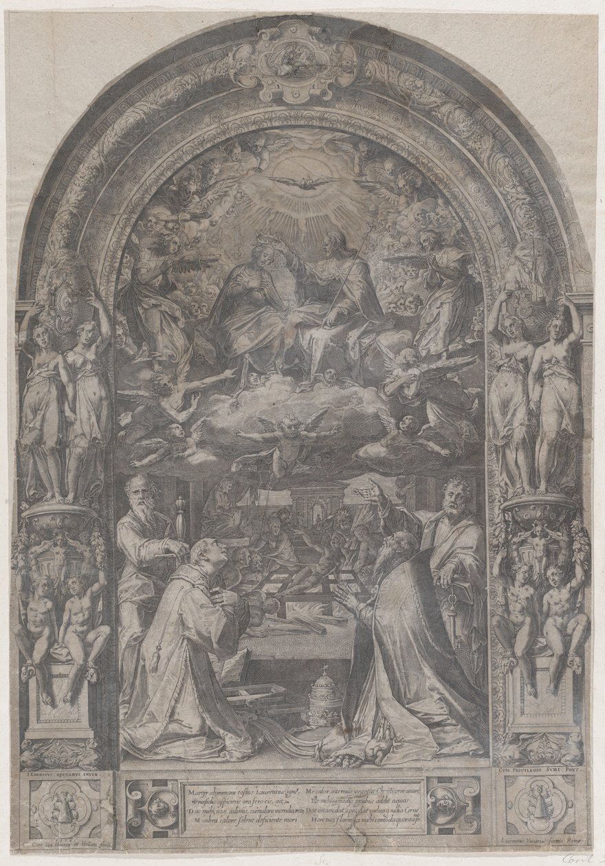 Neitsyen kruunaus Pyhän Laurentiuksen, Pyhän Paavalin, Pyhän Pietarin ja Pyhän Sixtuksen kanssa, 1576. tekijältä Cornelis Cort
