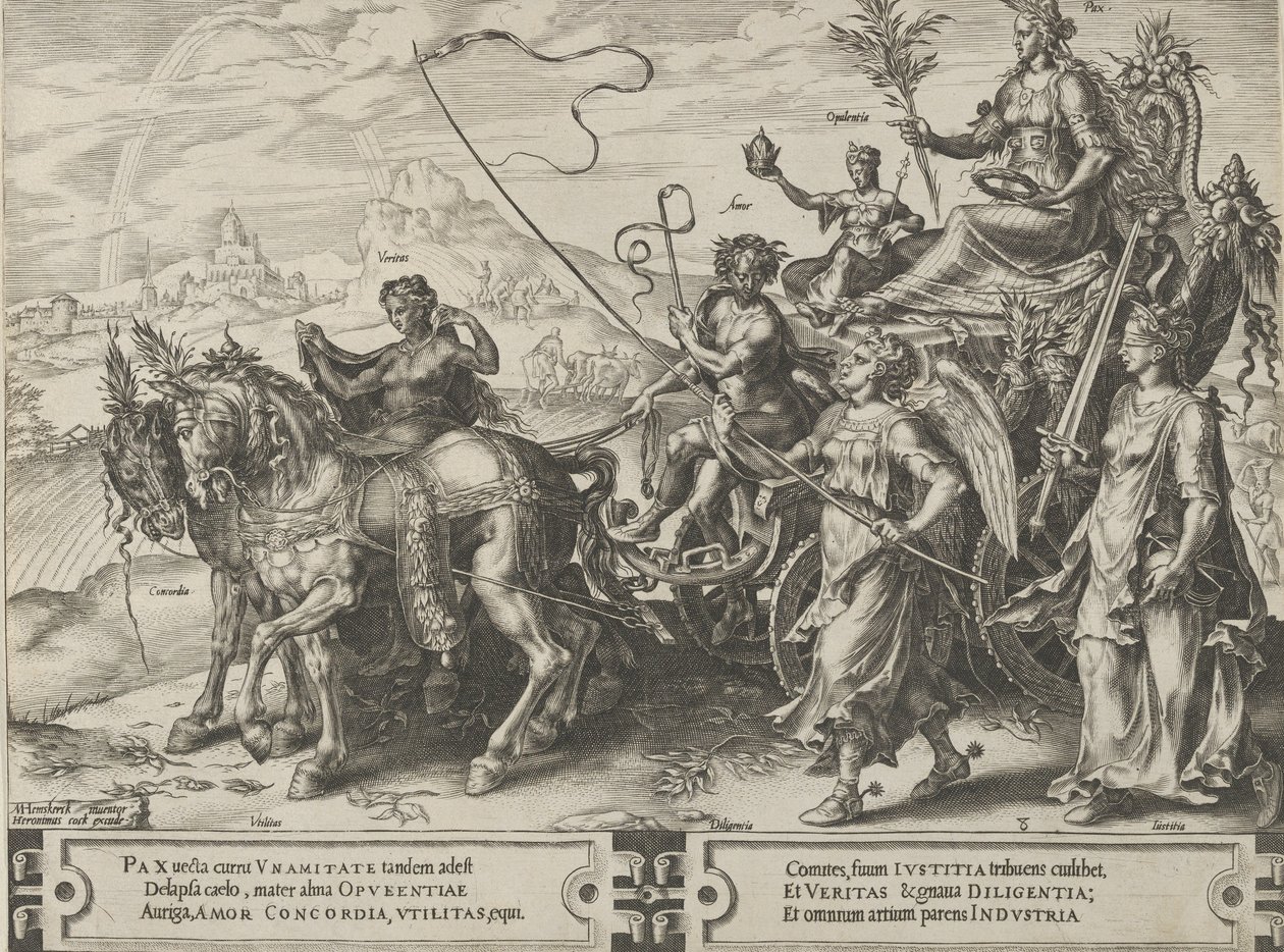Rauhan voitto, teoksesta The Cycle of the Vicissitudes of Human Affairs, levy 8, 1564. tekijältä Cornelis Cort