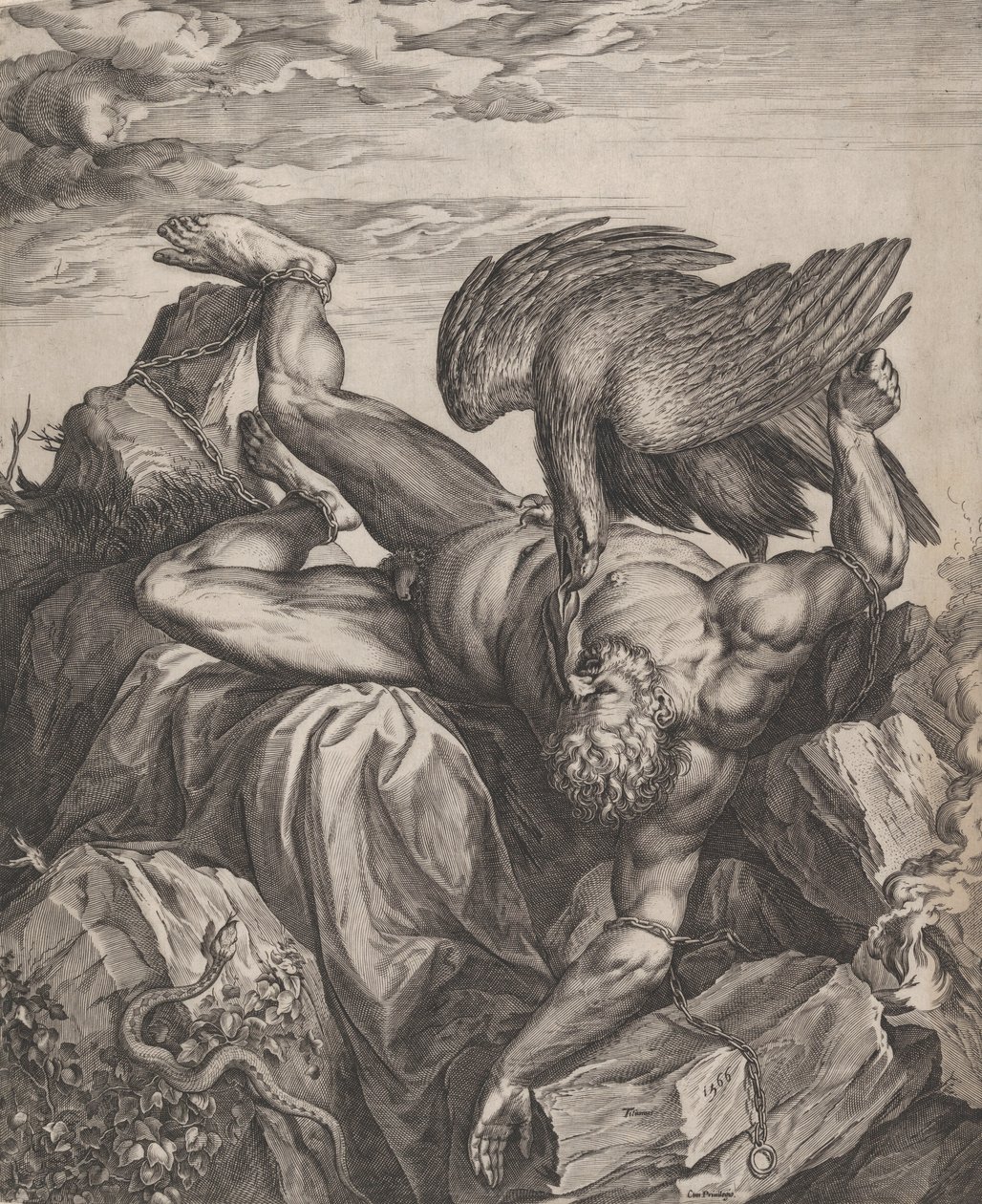 Tityus rangaistiin helvetissä, 1566. tekijältä Cornelis Cort