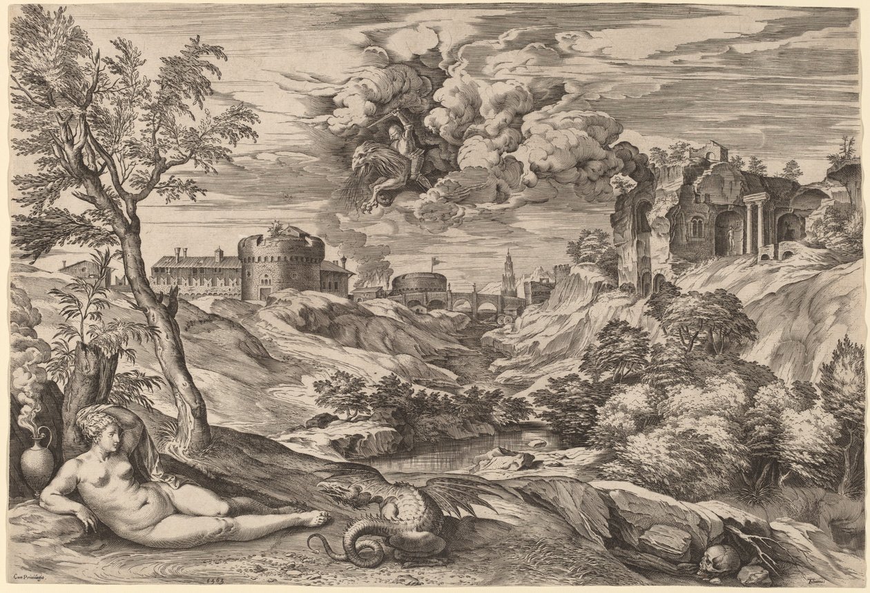 Maisema Roger Liberating Angelican kanssa tekijältä Cornelis Cort after Titian