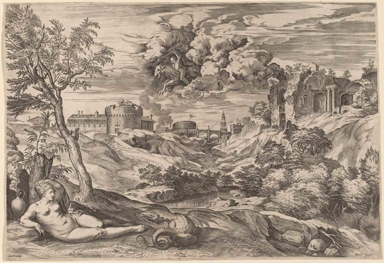 Maisema Roger Liberating Angelican kanssa tekijältä Cornelis Cort after Titian