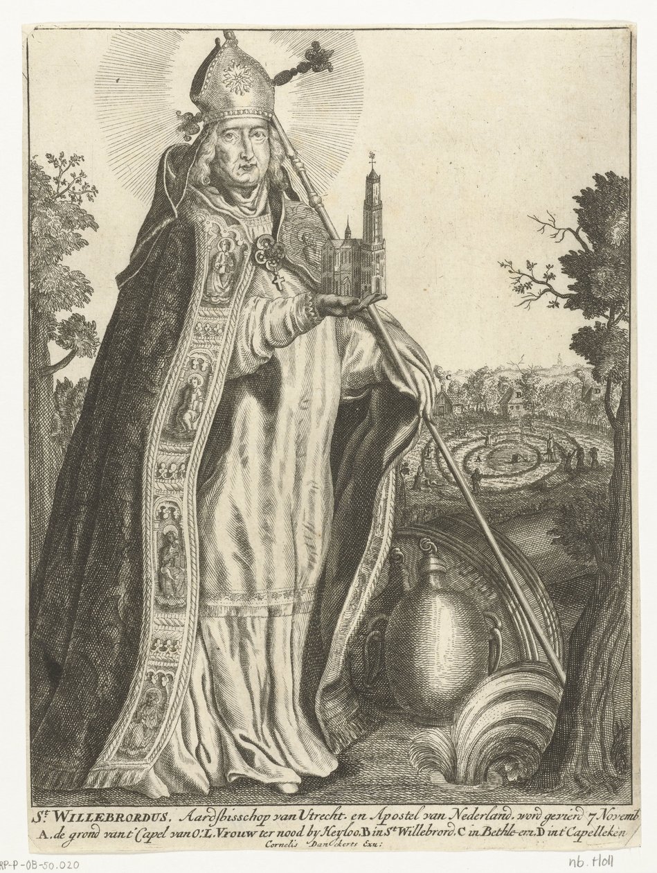 Saint Willibrord arkkipiispana Domin kirkkomallilla Utrechtissa St. Willebrord (otsikko esineessä) tekijältä Cornelis Danckerts (I)