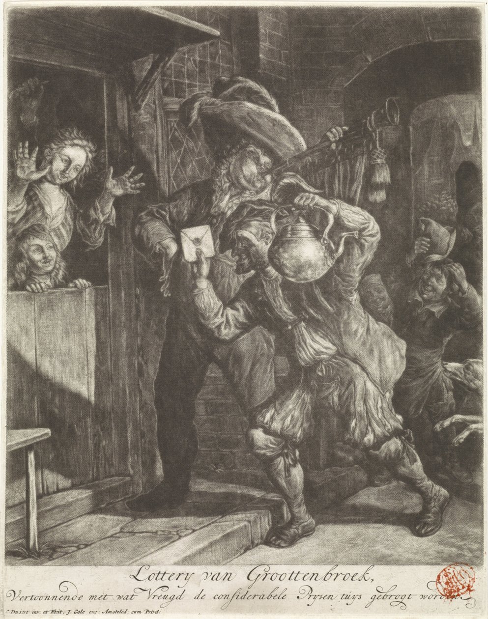 Grootebroekin lotto, 1694 Lotto van Groottenbroek, Esittelee, millä ilolla huomaavainen Prysen tuys on brogtoitu (otsikko esineessä) tekijältä Cornelis Dusart