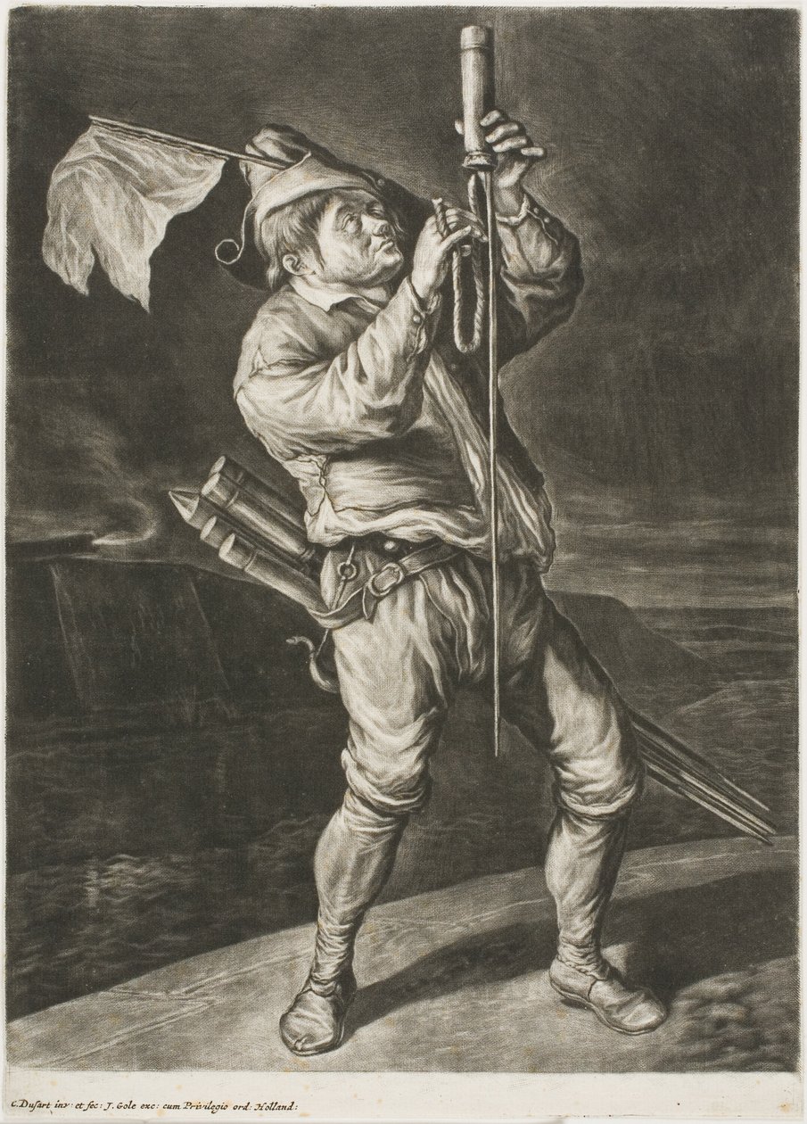 Mies sytyttää raketin, jota kutsutaan myös nimellä Rauha on parempi kuin voitto, Communia Gaudiasta (The Wide-Spread Joicing at Siege of Namur) tekijältä Cornelis Dusart