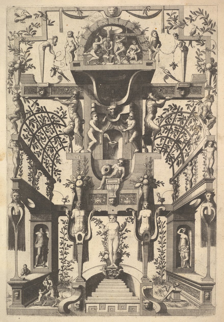 Fantastinen arkkitehtuurirakenne, jossa on strapwork ja kaksi pergolaa ja pieni kohtaus Vu..., 1557. tekijältä Cornelis Floris Ii