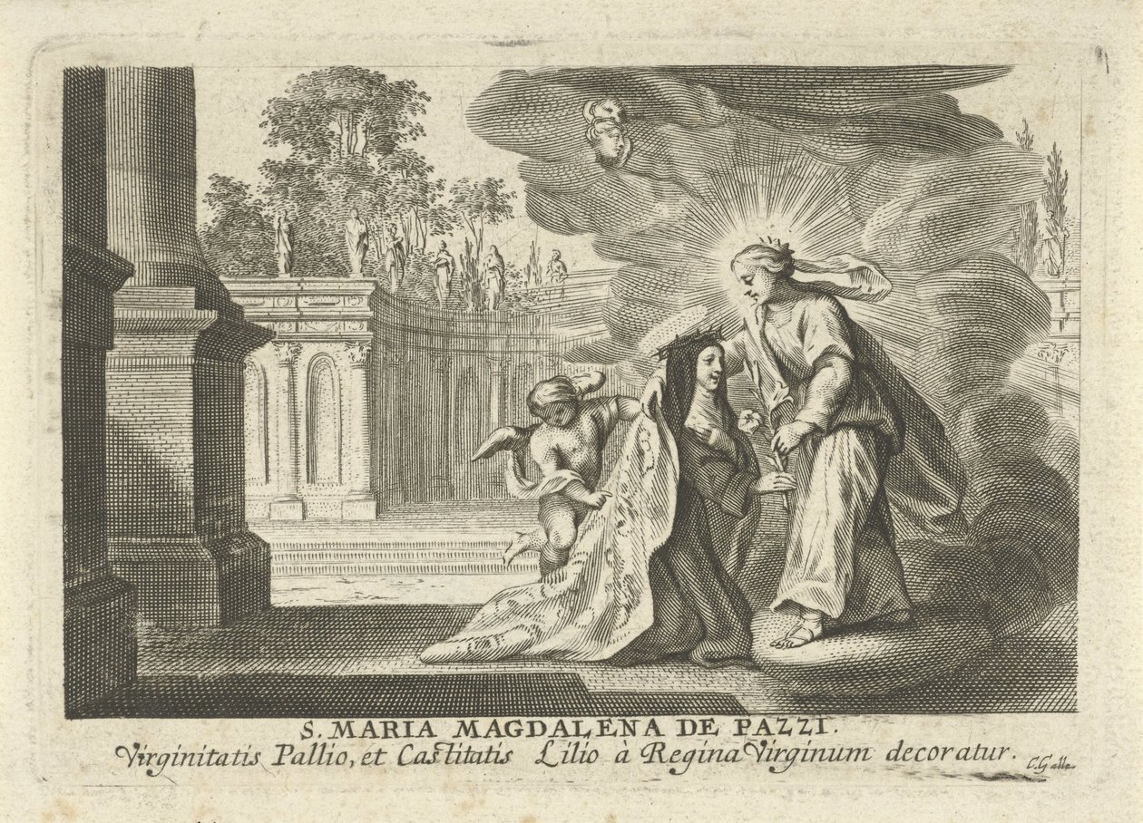 Maria antaa liljan oksan Pyhälle Maria Magdalena de Pazzille tekijältä Cornelis Galle (I)