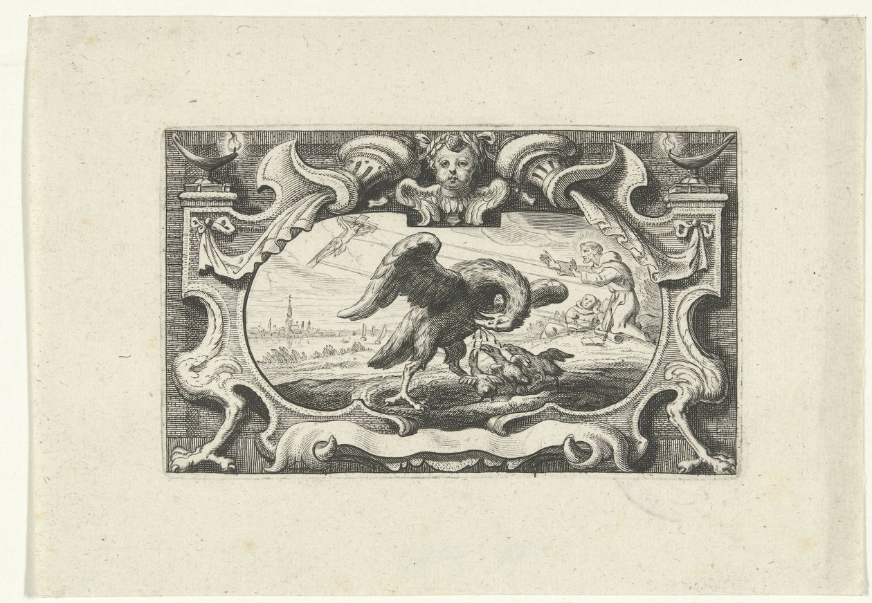Vinjetti pelikaanin kanssa ruokkimassa poikasiaan omalla verellään tekijältä Cornelis Galle (II) (attributed to)