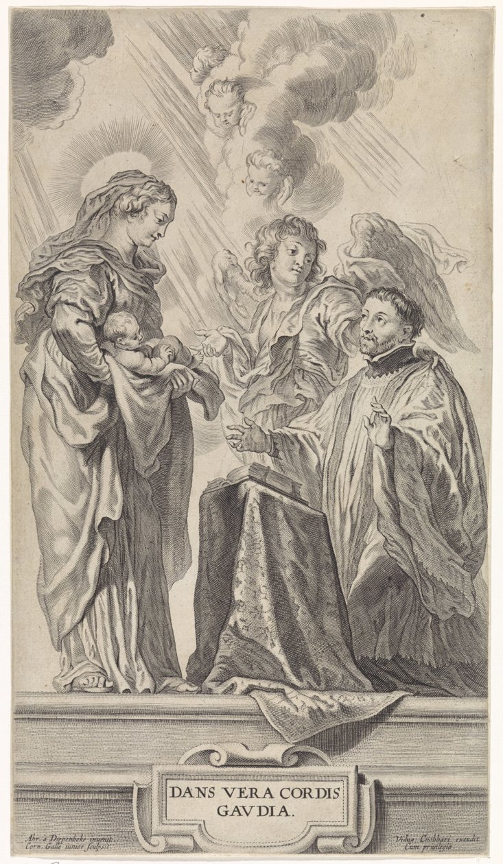 Tuntematon pyhimys (Ignatius Loyola?) polvistuu Marian eteen lapsen kanssa tekijältä Cornelis Galle (II)