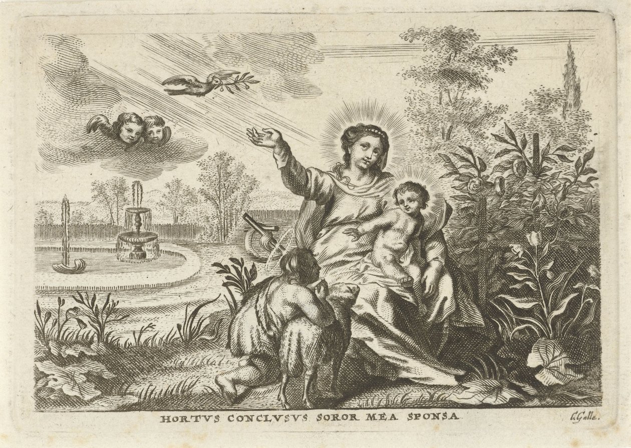 Maria tapasi Kind en Johannes de Doperin Hortus Conclusuksessa tekijältä Cornelis Galle (II)
