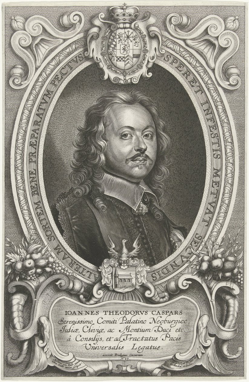 Portretti Johann Theodor Caspars Maailman rauhoittamiseen tähtäävän kristillisen nimen tunnetuimmat lähettilät, luostari ja Osnabruga (...) (sarjan nimi) tekijältä Cornelis Galle (II)