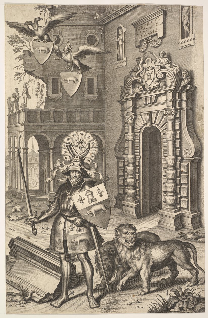 Kuva Kreivi Tassisin allegorisesta muotokuvasta Jean Jacques Chifflet, Les marques ..., 1645. tekijältä Cornelis Galle I