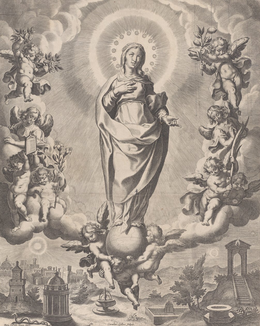 Neitsyt kirkkaudessa, seisoo pilvien päällä ja ympäröimänä enkeleillä, joilla on symbolit ..., 1595-1633. tekijältä Cornelis Galle I