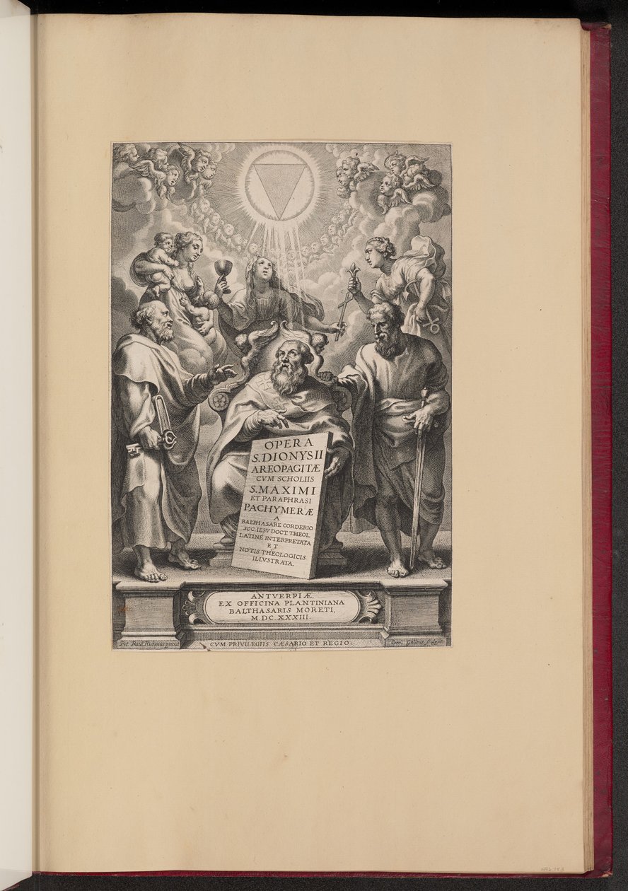 Nimisivu Balthasar Cordierin teokselle "Pyhän Dionysios Areopagiitin teokset, minä" tekijältä Cornelis Galle I after Sir Peter Paul Rubens