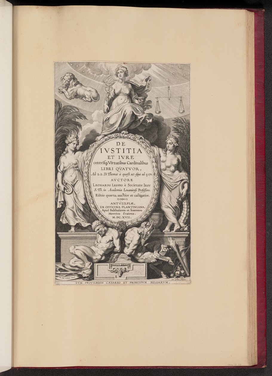 Nimisivu Leonard Lessiukselle, De Ivstitia et Ivre... tekijältä Cornelis Galle I after Sir Peter Paul Rubens