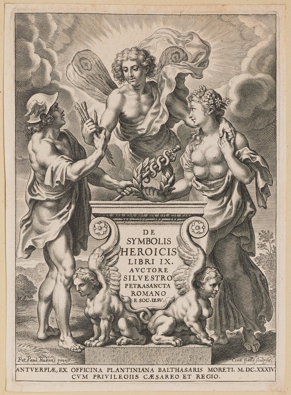 Silvester Pietrasantan nimikkosivu sankarillisista symboleista tekijältä Cornelis Galle I after Sir Peter Paul Rubens