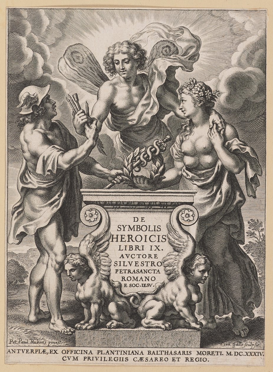 Silvester Pietrasantan nimikkosivu sankarillisista symboleista tekijältä Cornelis Galle I after Sir Peter Paul Rubens