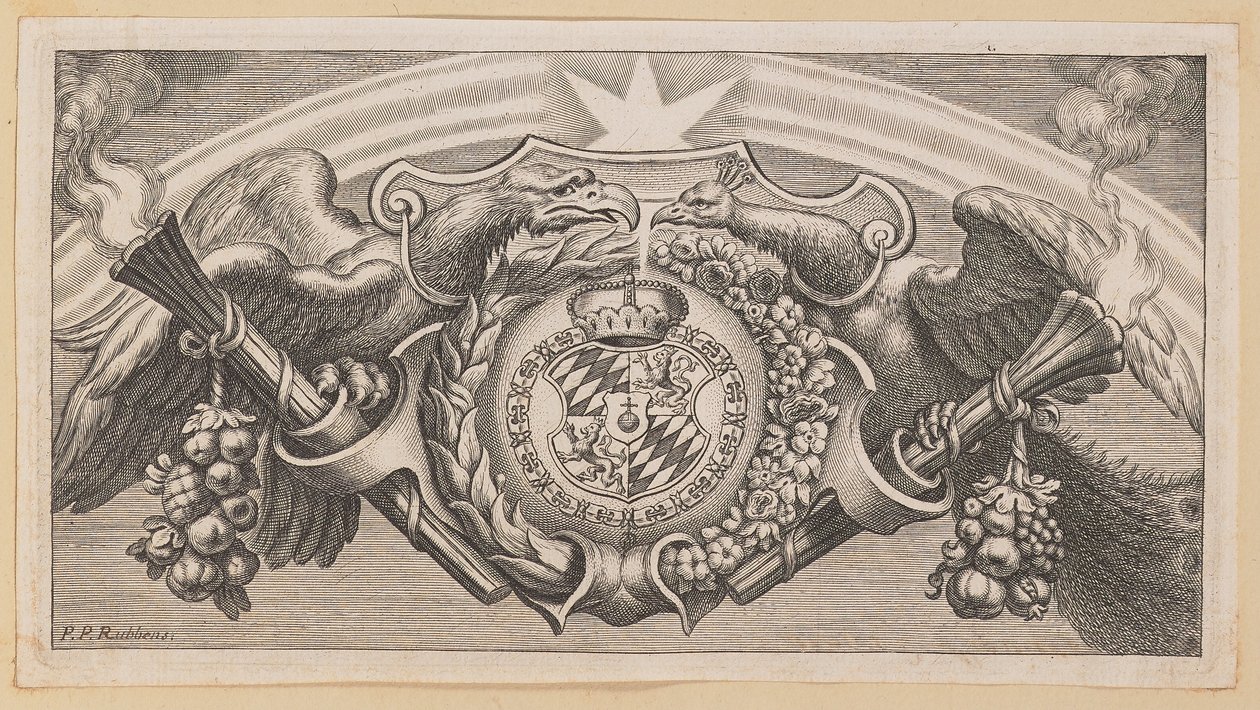 Vinjetti Balthasar Cordierin, kreikkalaisten isien ketjun Saint Johnissa, otsikkosivulle tekijältä Cornelis Galle I after Sir Peter Paul Rubens