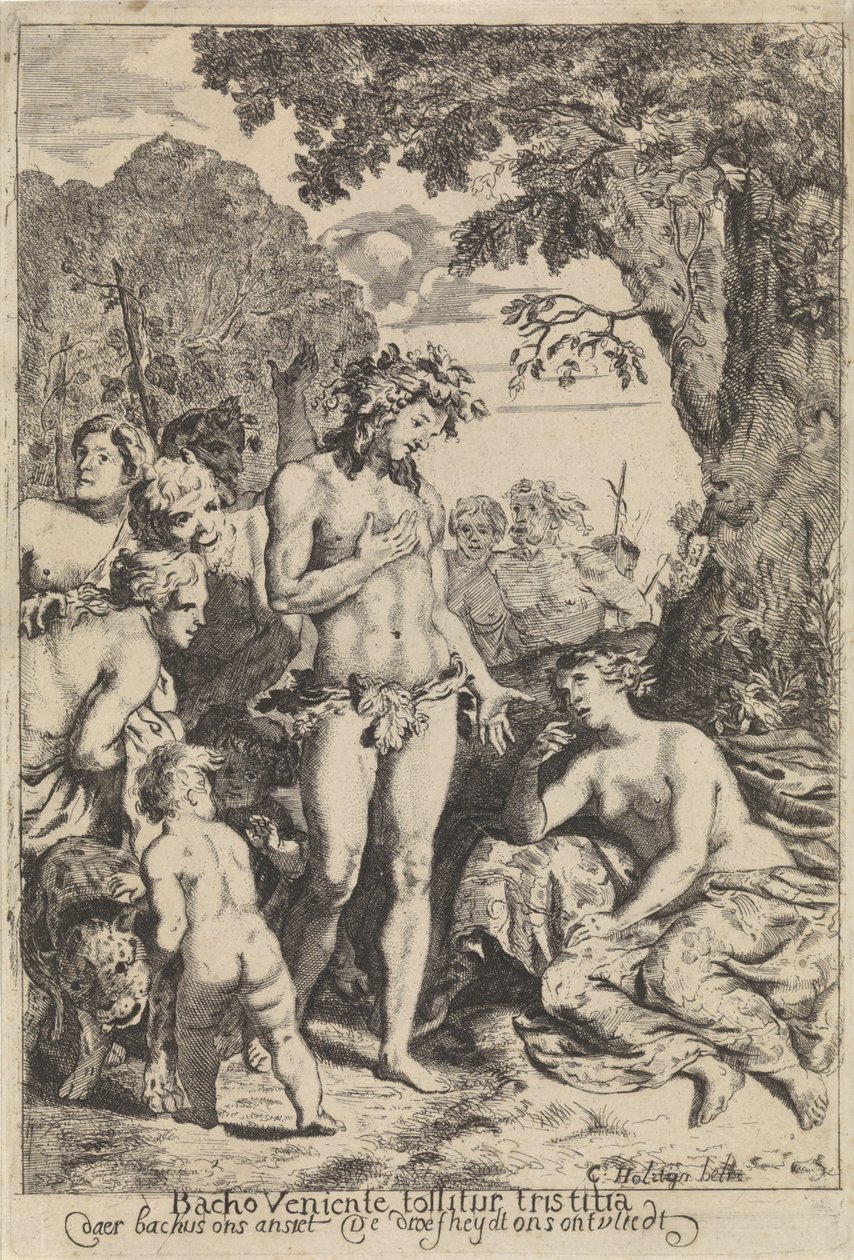 Bacchus lohduttaa Ariadnea Bacchuksen tullessa suru poistuu (otsikko esineessä) tekijältä Cornelis Holsteyn