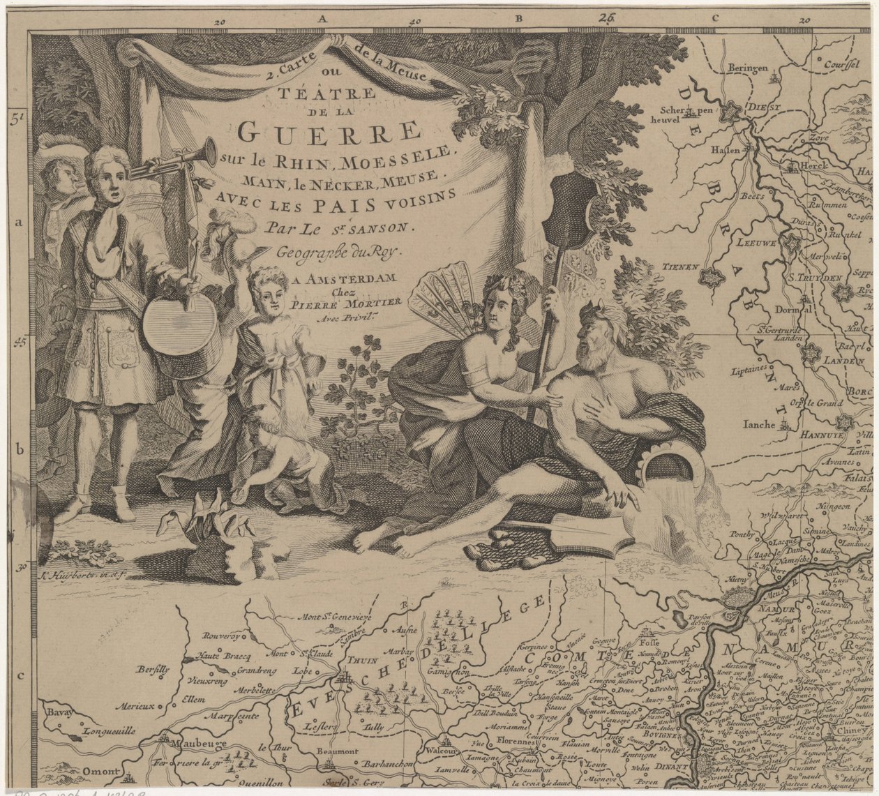 Brysselin itä- ja eteläpuoleisen alueen kartta sekä Namurin maakunta (lehti ylhäällä vasemmalla) Carte de la Meuse ou Téâtre de la Guerre sur le Rhein, Moessele, Mayn, le Necker, Meuse avec les pais voisins (otsikko esineessä) tekijältä Cornelis Huyberts
