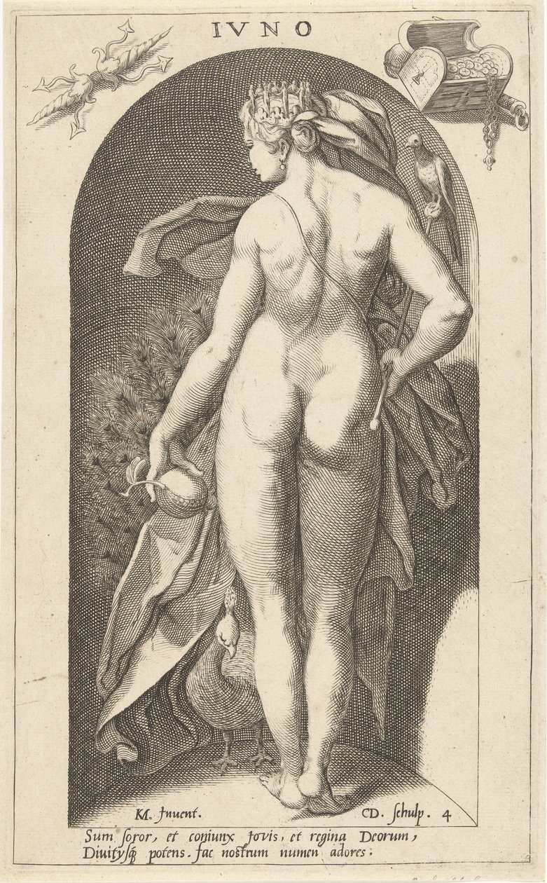 Juno riikinkukon kanssa Ivno (otsikko esineessä) Ancient Gods (sarjan nimi) tekijältä Cornelis Jacobsz. Drebbel