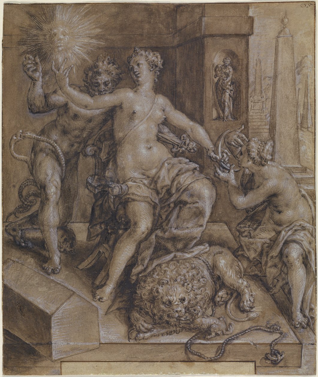The Mirror of Virtue -teoksen keskiosan suunnittelu tekijältä Cornelis Ketel