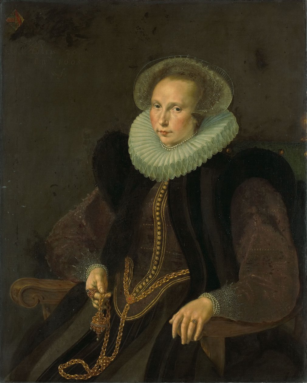 Hollantilainen: Griete Jacobsdr van Rhijn (1585-1652). Jacob Cornelisz Banjaertin vaimo, nimeltään van Neck Griete Jacobsdr van Rhijnin (1585-1652) muotokuva. Jacob Cornelisz Banjaertin, nimeltään van Neck, vaimo. tekijältä Cornelis Ketel