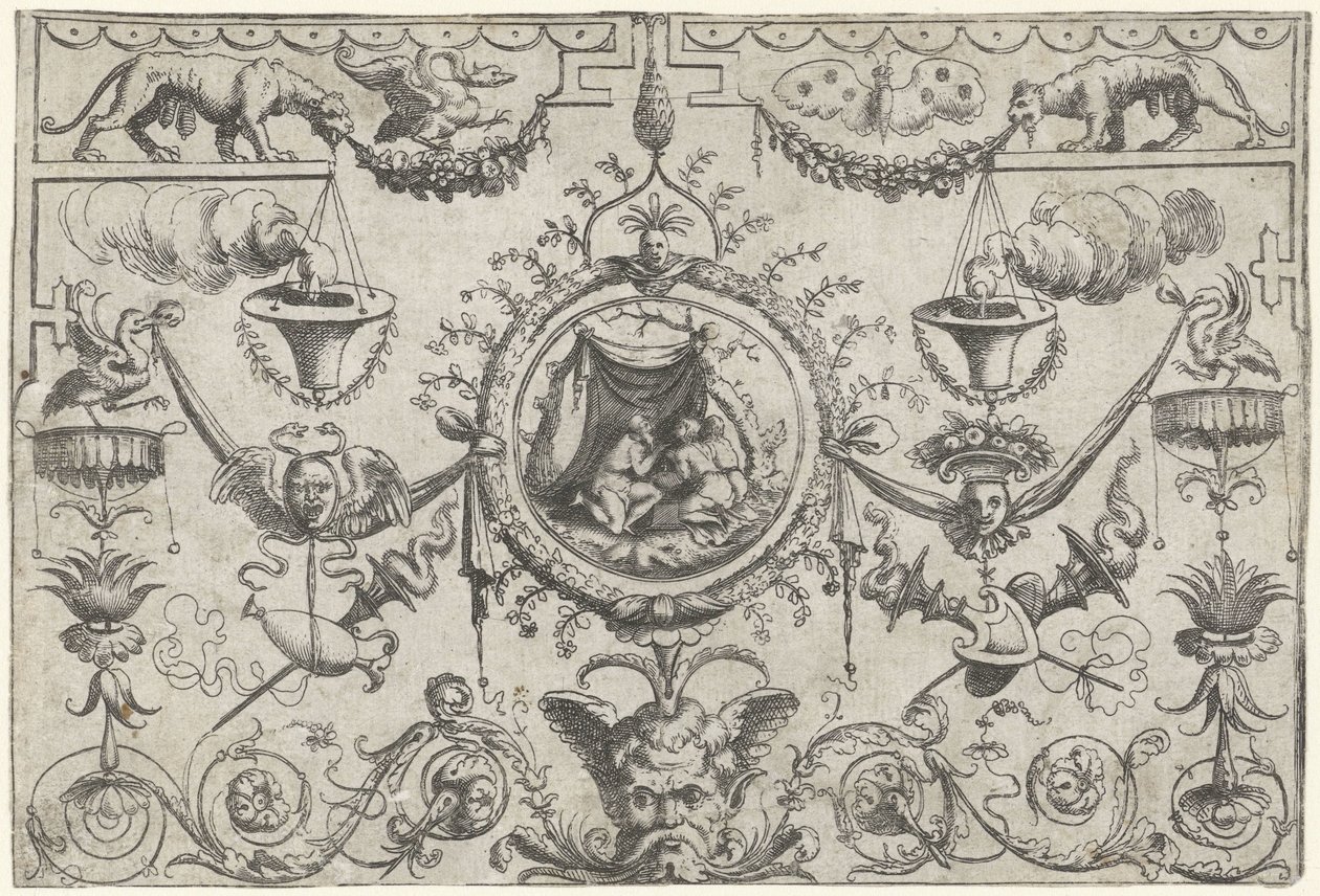 Ornamentti, jossa kolme hahmoa polvistuu liinan alla tekijältä Cornelis Massijs (attributed to)