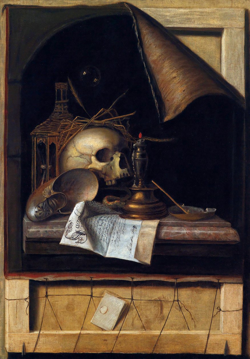 ""Nature morte a la vanite"" (Vanitas-asetelma) Peinture de Cornelis Norbertus Gysbrechts ou Gijsbrechts (1630 - 1675) Öljy kankaalle Koko 89x62 cm Yksityiskokoelma tekijältä Cornelis Norbertus Gysbrechts