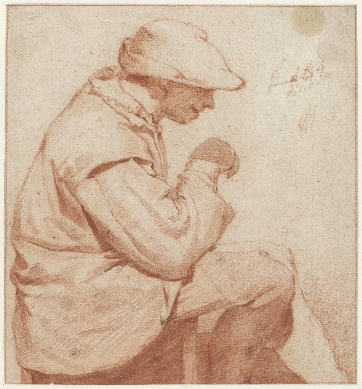 Istuva mies, jolla on pehmeä lippalakki, profiilissa oikealla, oikea käsi koholla tekijältä Cornelis Pietersz. Bega (attributed to)