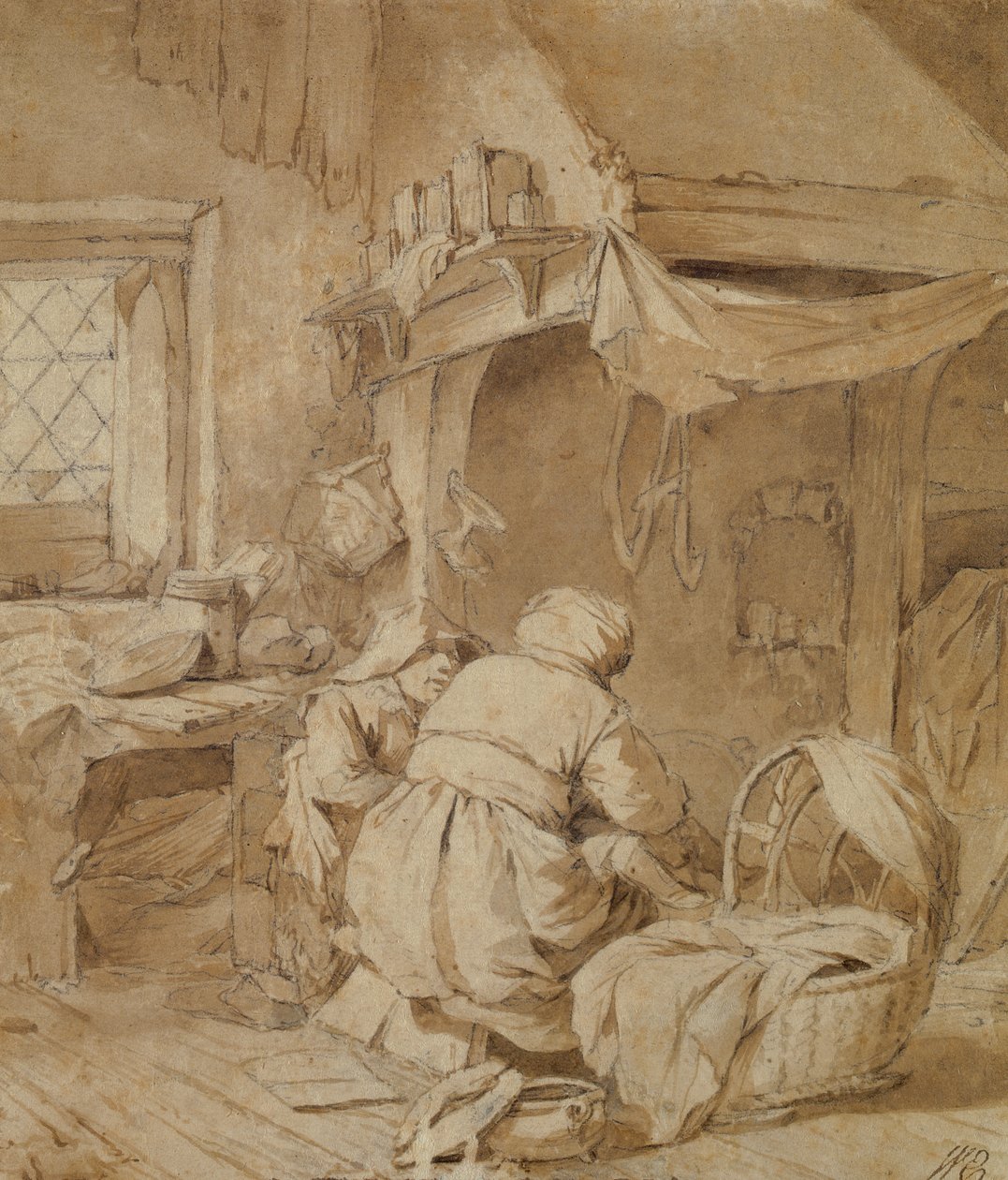 Maalaistalohuone maanviljelijän, kehdon ja lapsen kanssa, n. 1654 (kynä ja muste ja sivellin kynällä paperilla) tekijältä Cornelis Pietersz Bega