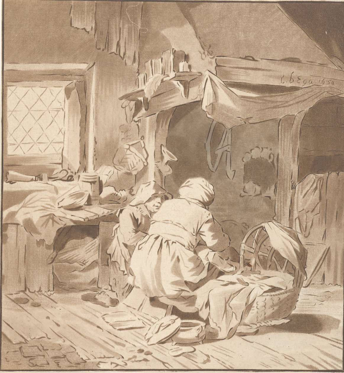 Maalaistalon sisustus kahden naisen kanssa tekijältä Cornelis Ploos van Amstel (signed by artist)