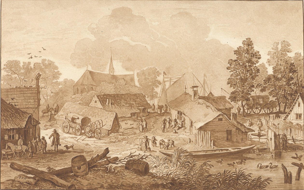 Kylänäkymä ja lampi tekijältä Cornelis Ploos van Amstel (signed by artist)