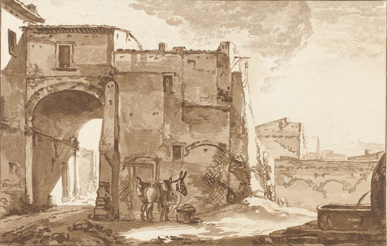 Portti matkustajan ja muulin kanssa tekijältä Cornelis Ploos van Amstel (signed by artist)