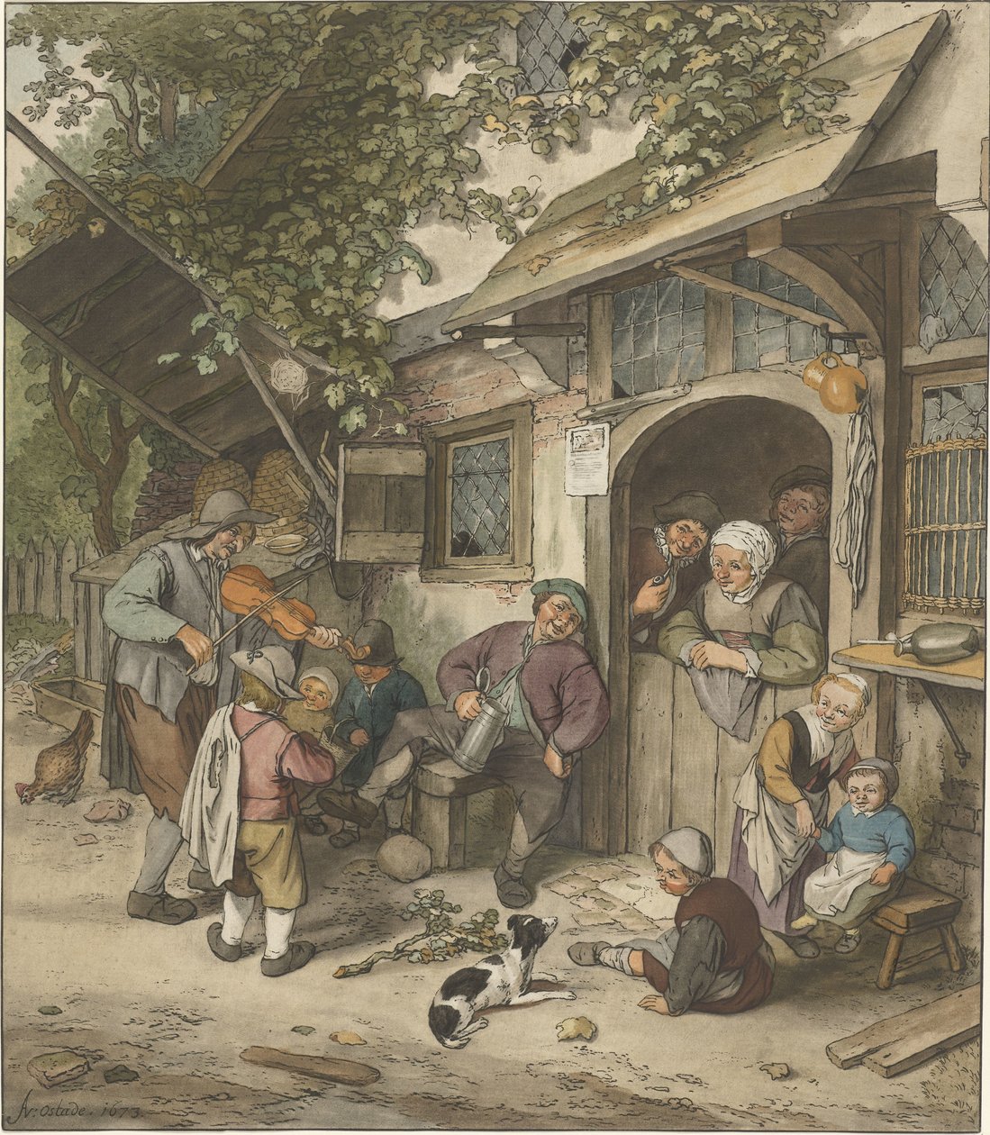 Viulunsoittaja majatalon edessä tekijältä Cornelis Ploos van Amstel (signed by artist)