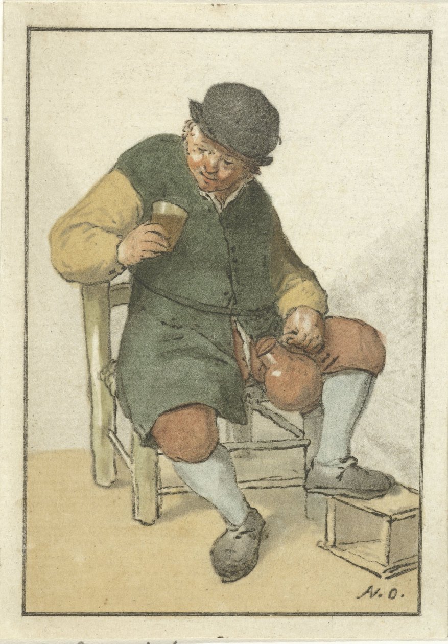 Istuva talonpoika kannun kanssa tekijältä Cornelis Ploos van Amstel (signed by artist)
