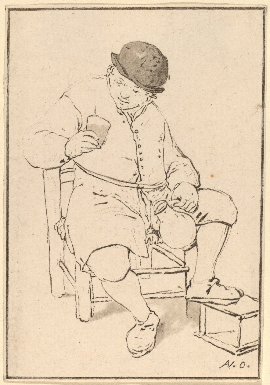 Istuva talonpoika kannun kanssa, n. 1763. tekijältä Cornelis Ploos van Amstel