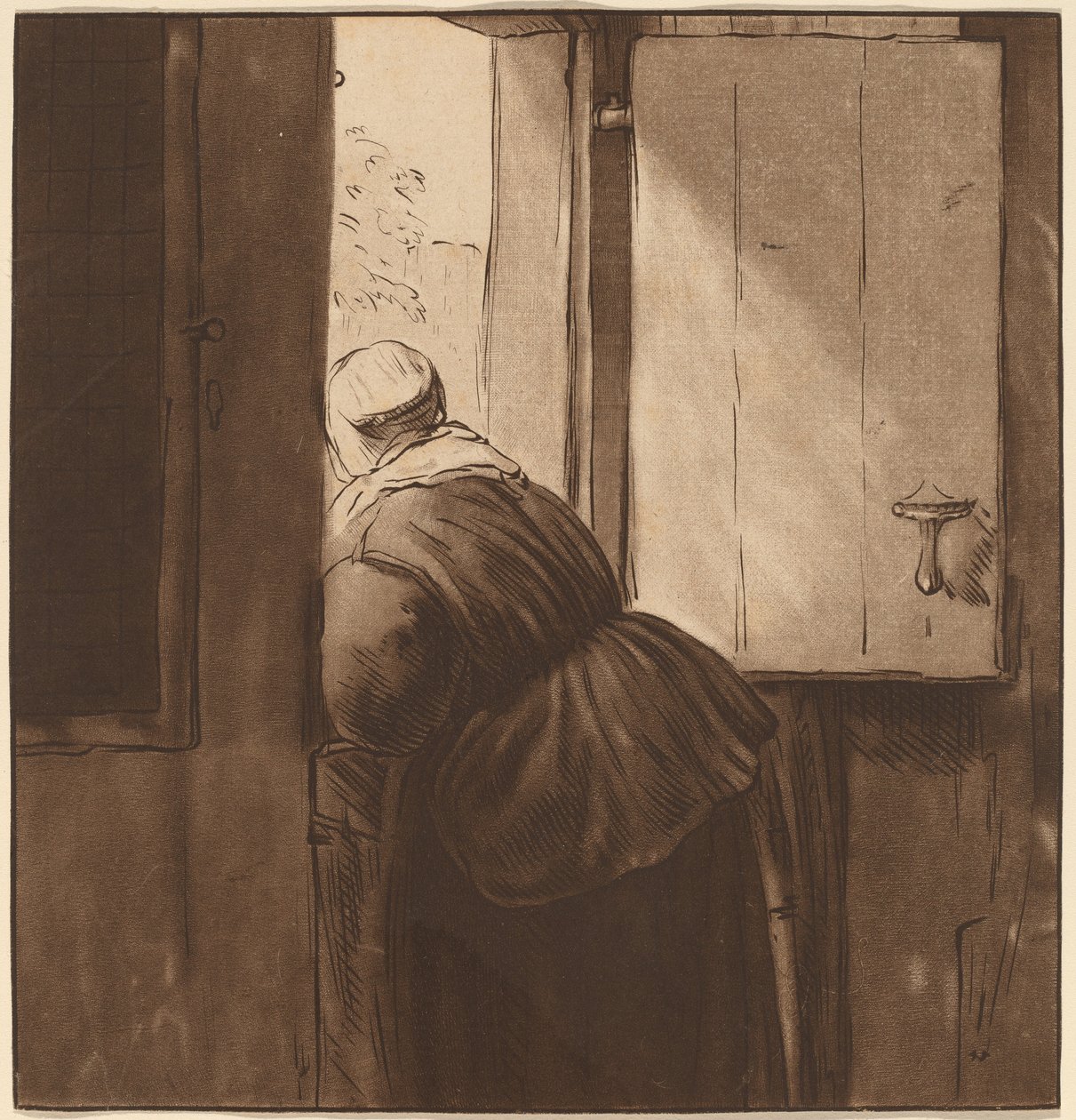 Nainen nojaa alemman oven yli, 1761, julkaistu 1765. tekijältä Cornelis Ploos van Amstel