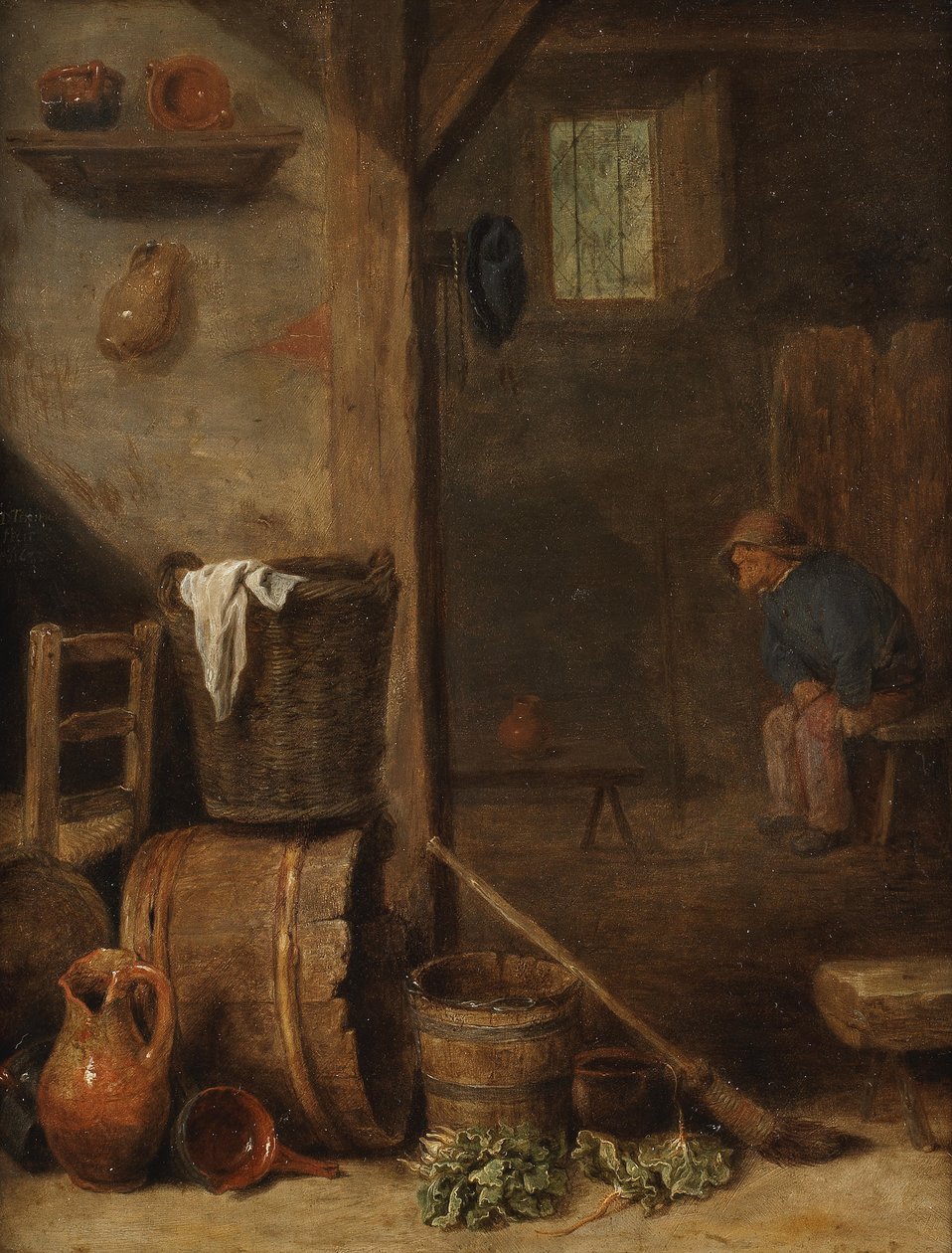 Keittiön sisustus ja viereisessä huoneessa istuva hahmo tekijältä Cornelis Saftleven