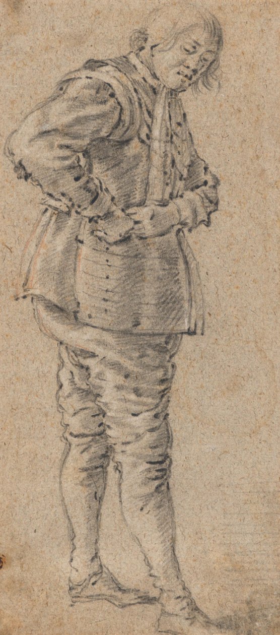 Seisova mies pukemassa haarniskaa tekijältä Cornelis Saftleven