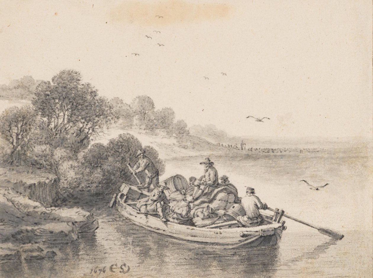 Raskaasti kuormattu lautta tekijältä Cornelis Saftleven