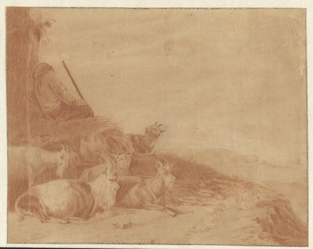 Nukkuva paimen vuohien kanssa tekijältä Cornelis Saftleven