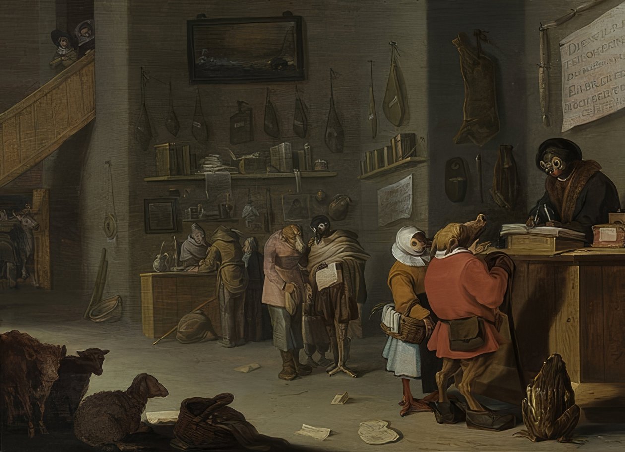 Kiista lehmästä maksaa ainakin yhden enemmän (kuka haastaa lehmän oikeuteen?). 1629 tekijältä Cornelis Saftleven