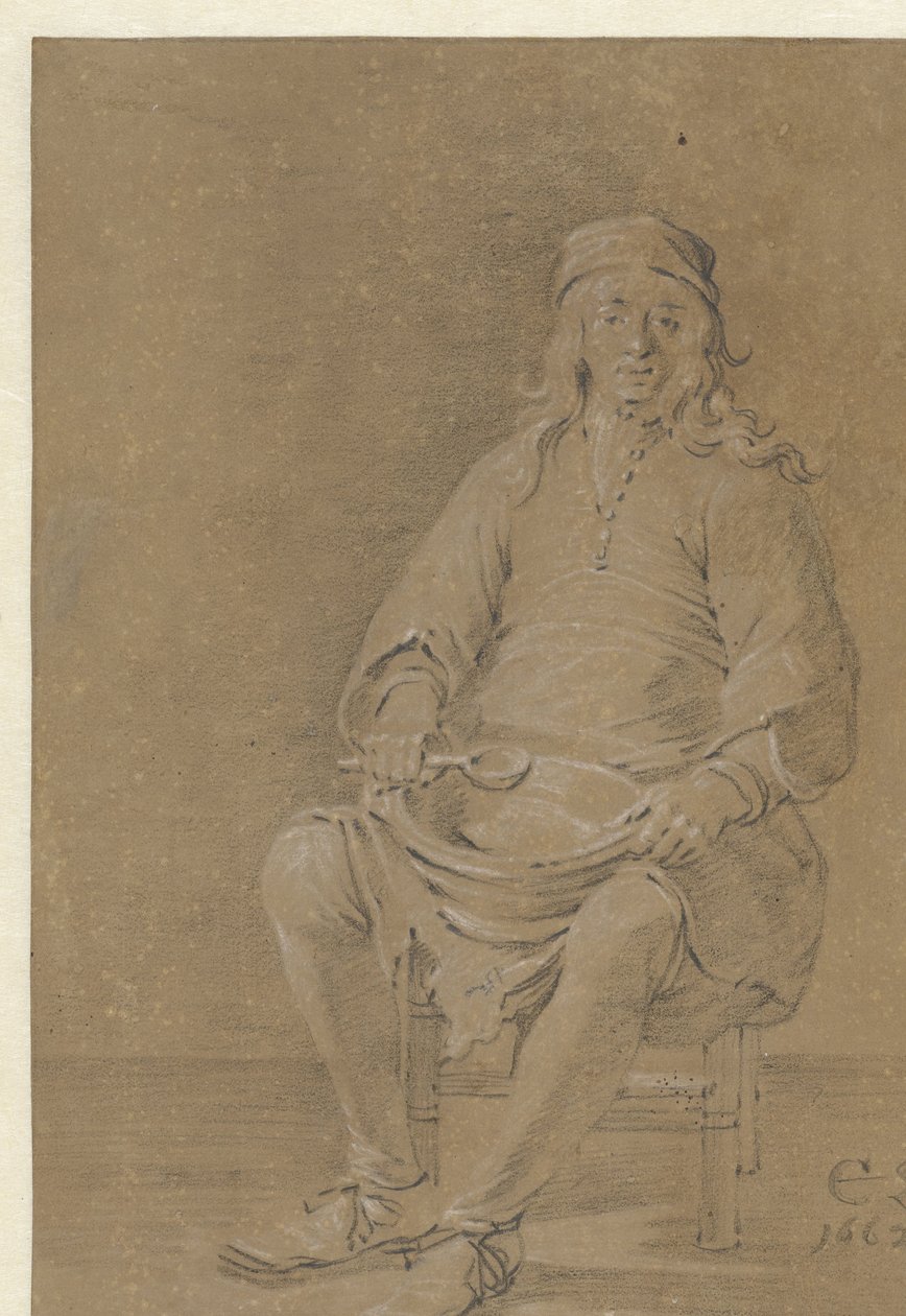 Istuva mies kulho sylissään tekijältä Cornelis Saftleven