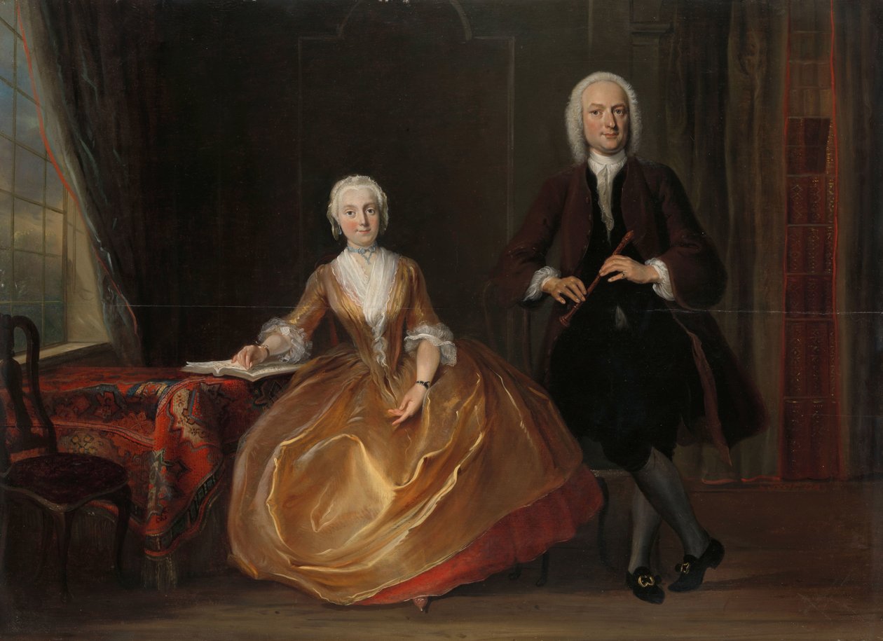 Musiikkia tekevä pariskunta Cornelis Troost (1696-1750), öljy levylle, 1743 tekijältä Cornelis Troost